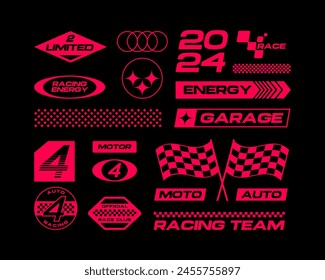 Set streetwear auto racing logo ideas for a clothing brand. Design vector typography for decals auto and t-shirt streetwear clothing y2k style.