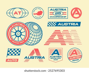 Defina as ideias do logotipo de corrida de rua auto para uma marca de roupas. Design de tipografia vetorial para decalques auto e t-shirt Áustria roupas de rua estilo y2k.