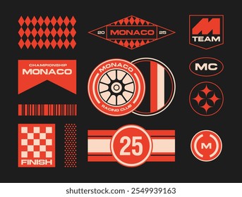 Defina as ideias do logotipo de corrida de rua auto para uma marca de roupas. Design de tipografia vetorial para decalques auto e t-shirt Monaco país roupas de rua estilo y2k.