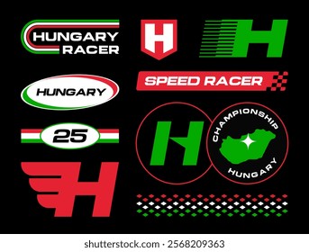 Set streetwear auto racing logo ideas for a clothing brand. Design vector typography for decals auto and t-shirt Hungary streetwear clothing y2k style.