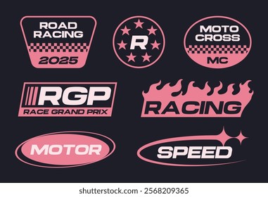 Set streetwear auto racing logo ideas for a clothing brand. Design vector typography for decals auto and t-shirt streetwear clothing y2k style.