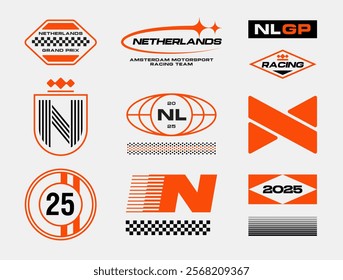 Set streetwear auto racing logo ideas for a clothing brand. Design vector typography for decals auto and t-shirt Netherlands streetwear clothing y2k style.