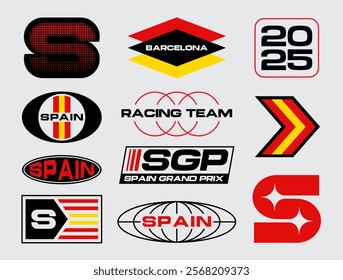 Set streetwear auto racing logo ideas for a clothing brand. Design vector typography for decals auto and t-shirt Spain streetwear clothing y2k style.