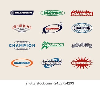 Set streetwear Champion logo ideas for a clothing brand. Design vector typography for t-shirt streetwear clothing y2k style.