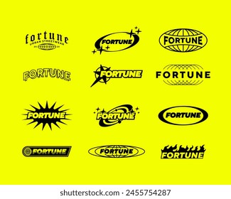 Set streetwear Fortune logo ideas for a clothing brand. Design vector typography for t-shirt streetwear clothing y2k style.