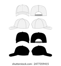 Set of Streetwear  Hats Mockup Vector Plain Baseball Cap Streetwear Trucker Hat Snap Back Technical Drawing Illustration Blank Street Wear Mock-up Template for Design Tech Packs CAD Strap Mesh Hat Cap