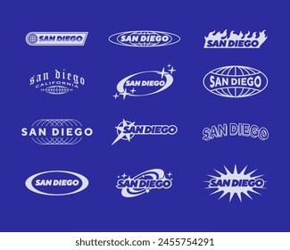 Set streetwear San Diego logo ideas for a clothing brand. Design vector typography for t-shirt streetwear clothing y2k style.