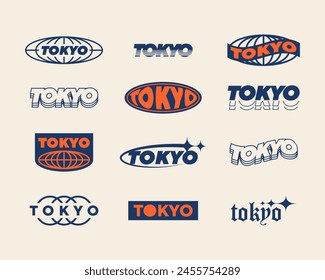 Set streetwear Tokyo logo ideas for a clothing brand. Design vector typography for t-shirt streetwear clothing y2k style.