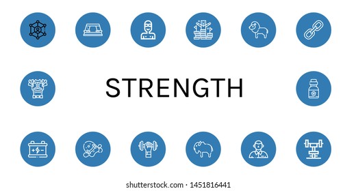 Set of strength icons such as Link, Paper punch, Swimmer, Peak, Lion, Battery, Pool kickboard, Dumbbell, Bison, Defendant, Gym, Armor, Vitamins , strength