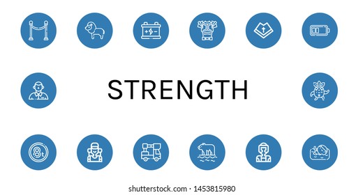Set of strength icons such as Separator, Lion, Battery, Armor, Mantle, Weight, Climber, Lifter, Polar bear, Taekwondo, Swimmer, Defendant, Strong , strength