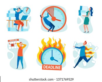 Set Stress from Breaking Deadlines Cartoon Flat. Vector Illustration on White Background. People Clutching their Heads, Backs are Burning. Man is Trying to Hold Clock Hands. Clock is Ablaze.