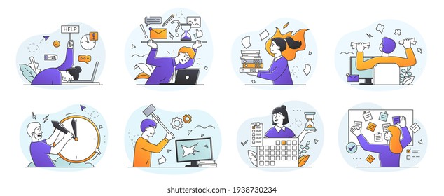 Set of Stress Management and Burnout concept in the office with workers smashing computers, engulfed in flames, holding back time, multitasking and with an hourglass, flat colored vector illustration