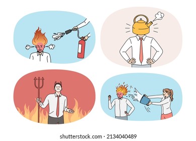 Set of stressed businessman with burning head suffer from nervous breakdown at work. Collection of upset distressed man employee overwhelmed with job stress. Flat vector illustration. 