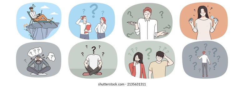 Set Of Stressed Frustrated People Think Contemplate Looking For Business Solution. Collection Of Men And Women Decide Make Choice Solving Problem Or Dilemma. Vector Illustration. 