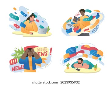 Set of stressed and overwhelmed male and female characters overloaded with media information from internet and social networks. Dazed people on white background. Flat cartoon vector illustration