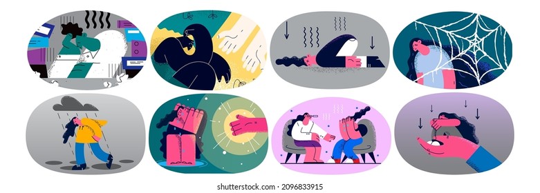 Set of stressed sad women feel down suffer from depression or mental disorder. Collection of female struggle with anxiety or psychological problem. Counseling, psychotherapy. Vector illustration. 