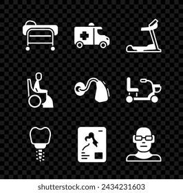 Set Stretcher, Emergency car, Treadmill machine, Dental implant, X-ray shots, Poor eyesight, Woman wheelchair and Hearing aid icon. Vector