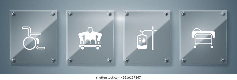 Set Stretcher, IV bag, Man without legs sitting wheelchair and Wheelchair. Square glass panels. Vector