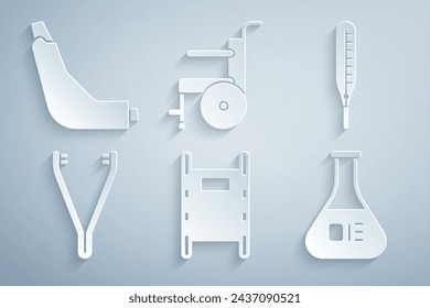 Set Stretcher, Medical thermometer, tweezers, Test tube and flask, Wheelchair for disabled person and Inhaler icon. Vector