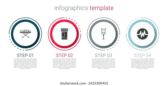 Set Stretcher, Medicine bottle and pills, Crutch or crutches and Heart rate. Business infographic template. Vector