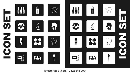 Set Stretcher, Microscope, Heart rate, Medical vial, ampoule, Sore throat, Eye drop bottle, Stethoscope and Digital thermometer icon. Vector