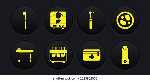 Set Stretcher, Petri dish with bacteria, Test tube and flask, First aid kit, Tooth drill, X-ray machine, Inhaler and Toothbrush icon. Vector