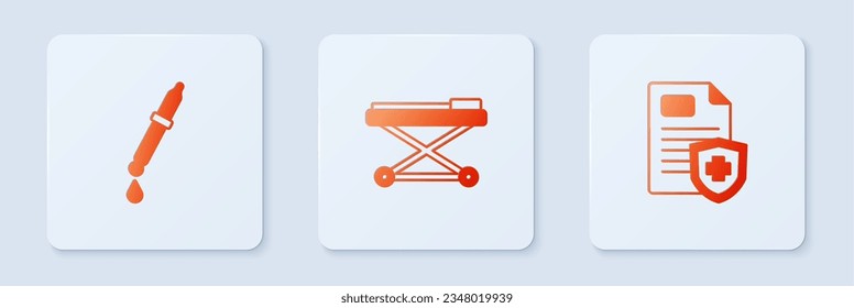 Set Stretcher, Pipette and Patient record. White square button. Vector
