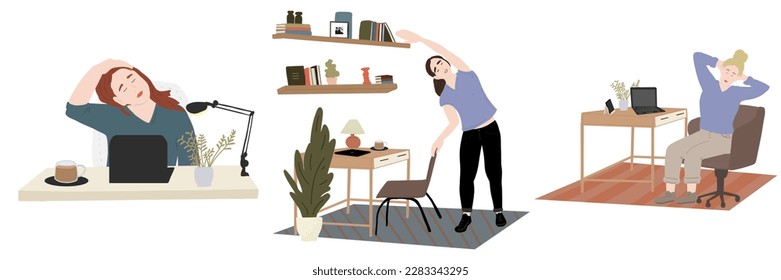 Set of stretching cartoons female at workplace