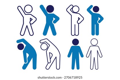 Conjunto de iconos de ejercicios de estiramiento que muestran figuras humanas activas en múltiples poses de entrenamiento, Ilustraciones vectoriales planas modernas para fitness, salud y entrenamiento