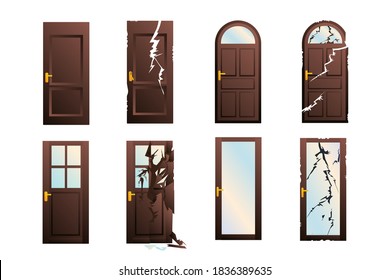 A set of strict dark wood doors with glass inserts. Broken doors, repair and replacement of entrance doors.