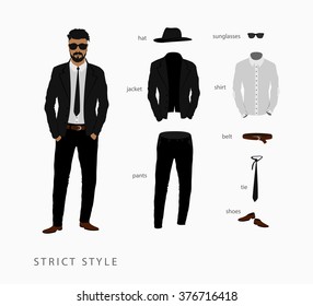 set strict style of menswear. Glasses with a hat, pants with a shirt and tie with a belt and shoes