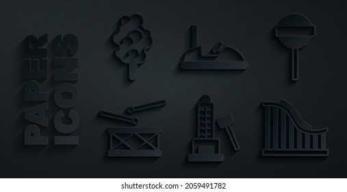 Set Striker attraction with hammer, Lollipop, Drum drum sticks, Roller coaster, Bumper car and Cotton candy icon. Vector