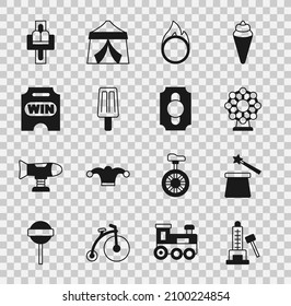 Die Attraktion des Strikers mit Hammer, Zauberhut und Zauberstab, Riesenrad, Circus Feuerhaufen, Eiscreme, Ticket, Traktionskarussell und Icon. Vektorgrafik