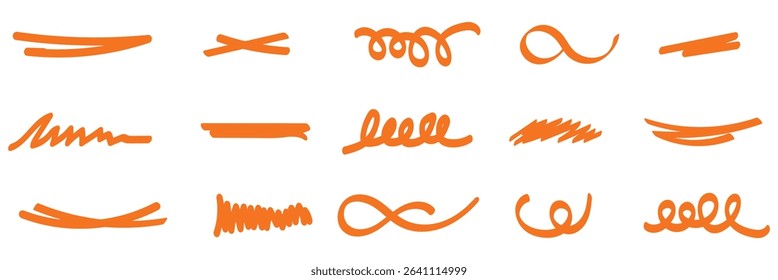 A set of strikethrough underlines. Orange brush stroke underline. Marker pen highlight stroke. Vector swoosh brush underline set for accent, marker emphasis element. eps10