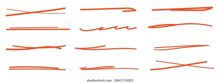 A set of strikethrough underlines. Orange brush stroke underline. Marker pen highlight stroke. Vector swoosh brush underline set for accent, marker emphasis element. eps10