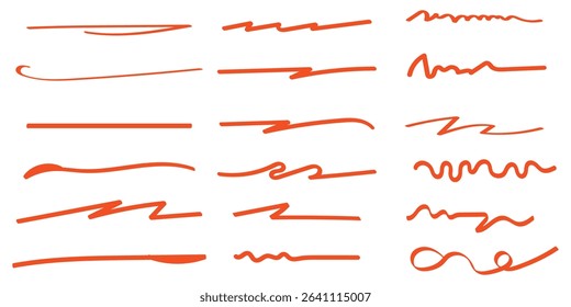 A set of strikethrough underlines. Orange brush stroke underline. Marker pen highlight stroke. Vector swoosh brush underline set for accent, marker emphasis element. eps10