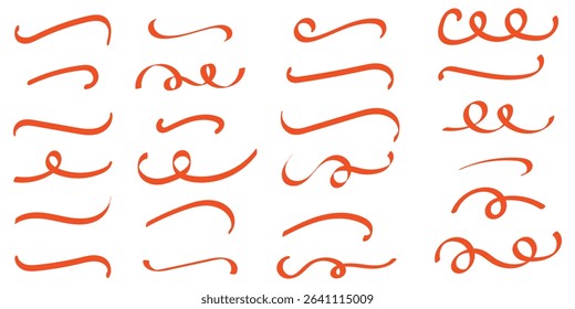 A set of strikethrough underlines. Orange brush stroke underline. Marker pen highlight stroke. Vector swoosh brush underline set for accent, marker emphasis element. eps10