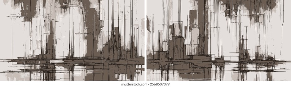 Set of striking abstract pieces blending vertical symmetry, geometric patterns, and grayscale tones. Cityscape impression bold ink contrasts, and chaotic harmony, offering depth and reflection