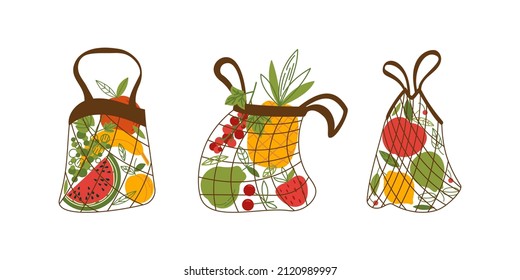 Set of string bags with fresh fruits.  Handbags with vegetable products. Zero-waste, plastic-free concept. Vector flat illustration
