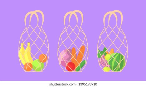Set of string bags full of fruits and vegetables. Save our planet concept. Vintage bags. 