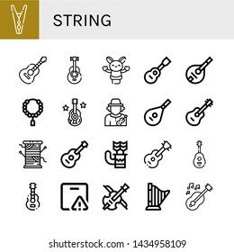 Set of string icons such as Clothespin, Guitar, Acoustic guitar, Hand puppet, Viola, Mandolin, Bead, Musician, Lute, Thread, Quiver, Important delivery, Violin, Harp , string