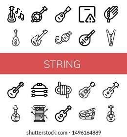 Set of string icons such as Guitar, Banjo, Electric guitar, Viola, Fish hook, Important delivery, Mandolin, Bead, Clothespin, Domra, Bow and arrow, Thread, Rope, Acoustic guitar , string