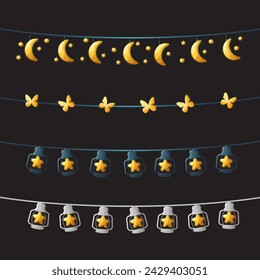 Conjunto de luces de cuerda Lámparas cálidas Guirnaldas, la luna y la lámpara Decoraciones festivas sobre fondo negro Vector