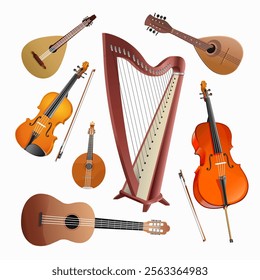 Set of string musical instruments on a white background. Vector realistic art illustration