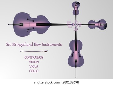 Set stringed and bow instruments. Kontrabbas, cello, viola, violin and bow purple and pink color. light background. Realistic vector illustration.