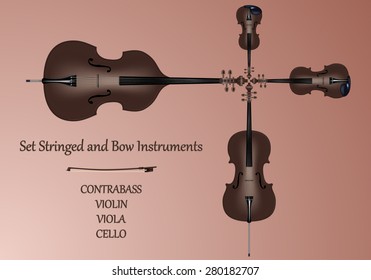 Set stringed and bow instruments. Kontrabbas, cello, viola, violin and bow brown color. pink-brown background. Realistic vector illustration.