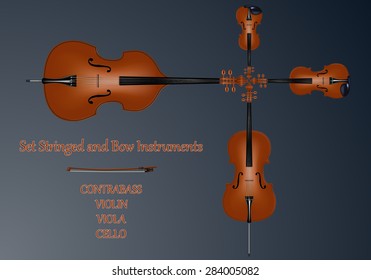 Set stringed and bow instruments. Kontrabbas, cello, viola, violin and bow brown color. Blue background. Realistic vector illustration.