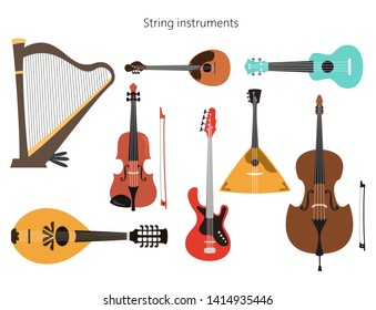 Set of stringed instruments on the white background. Vector illustration.