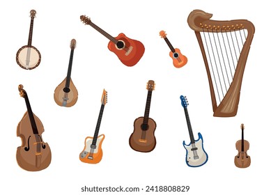 Set of stringed instruments on white background