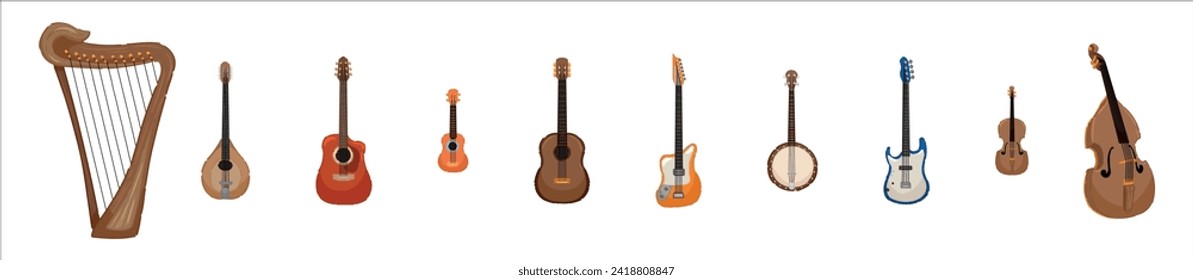 Set of stringed instruments on white background